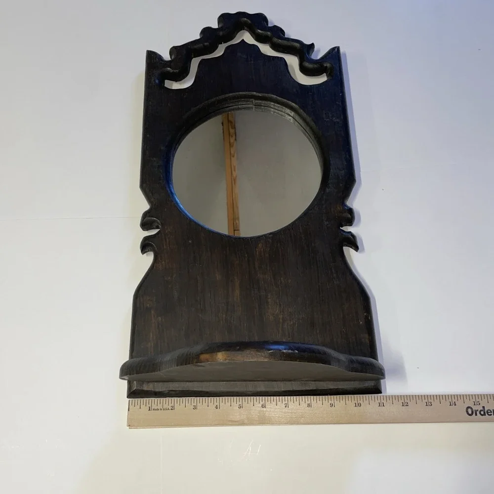 Dark Wood Round Mirror Shelf Home Kitchen Vintage Decor 25 in high